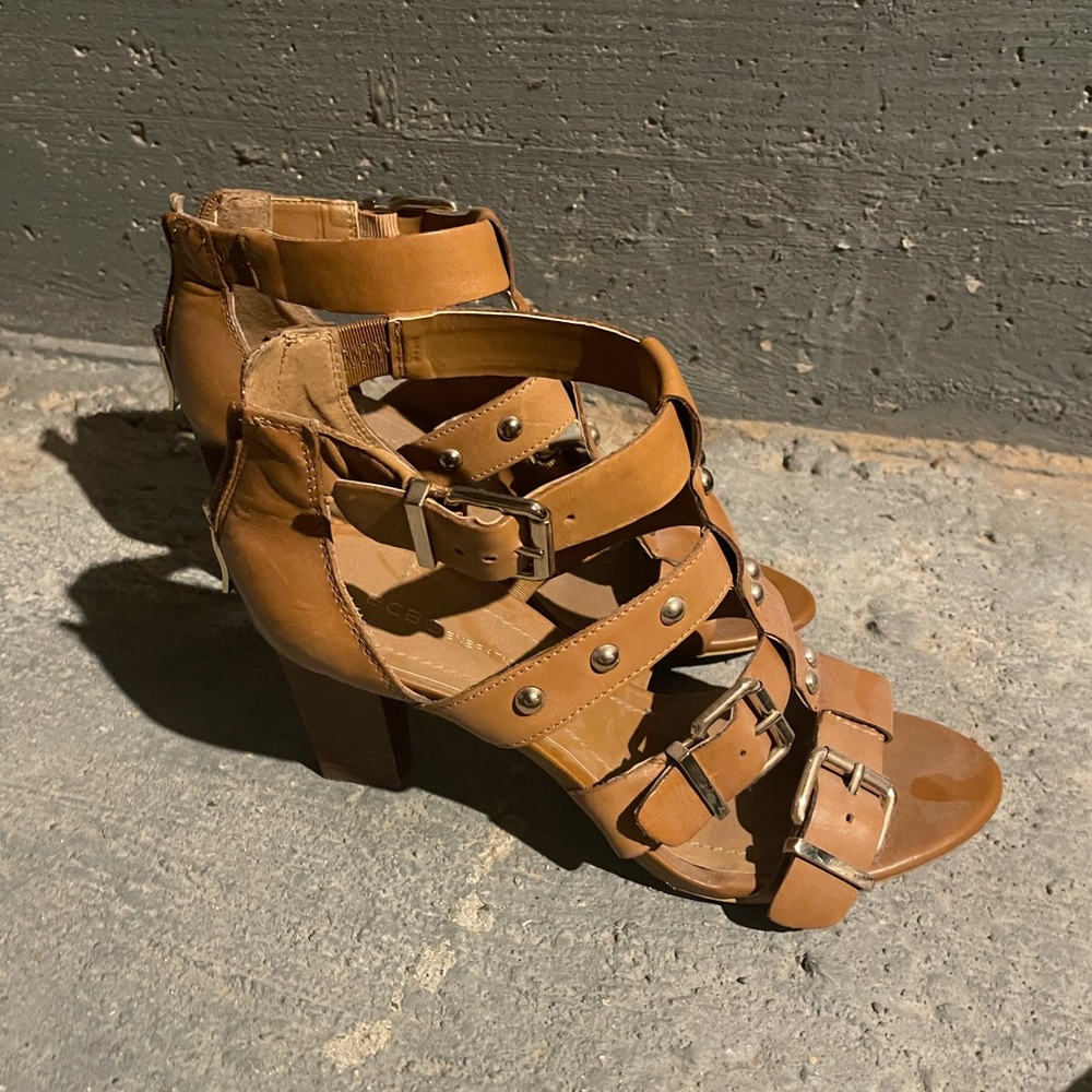 BCBG beige leather block heels.